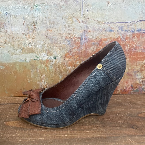 MIU MIU Peep Toe Blue Denim Wedge Heels w/Leather Bow - Picture 10 of 13